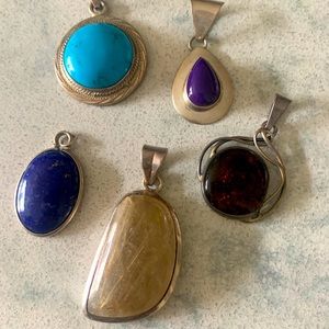 Lot of 5 Precious stone Pendants Amber, Turquoise and more